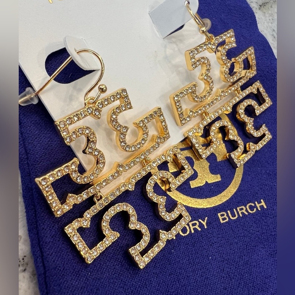 🔥Brand New NWT Tory Burch TB Logo Britton Pave Diamond Gold Earrings - Picture 4 of 4